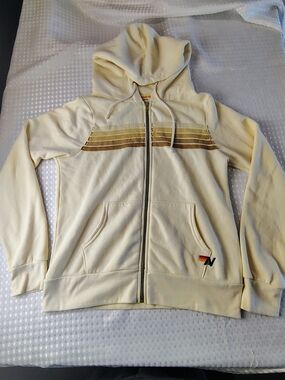 Aviator Nation Cream Zip Hoodie with Gold/Brown Chest Stripes